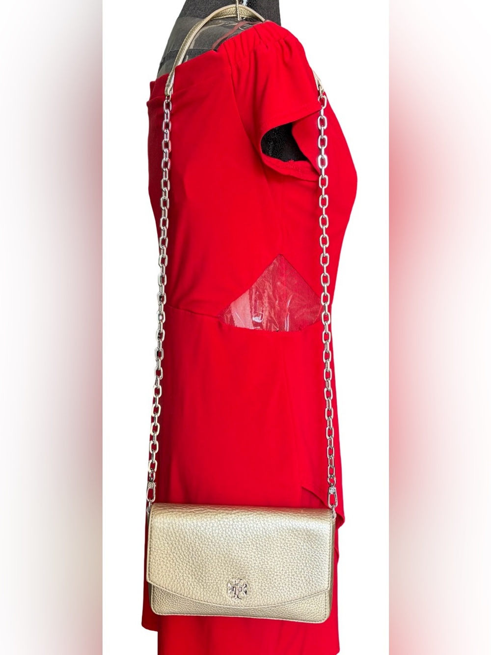 Tory Burch Gold Pebbled Leather With Silver Chain Wallet Crossbody Shoulder Bag - Picture 10 of 16